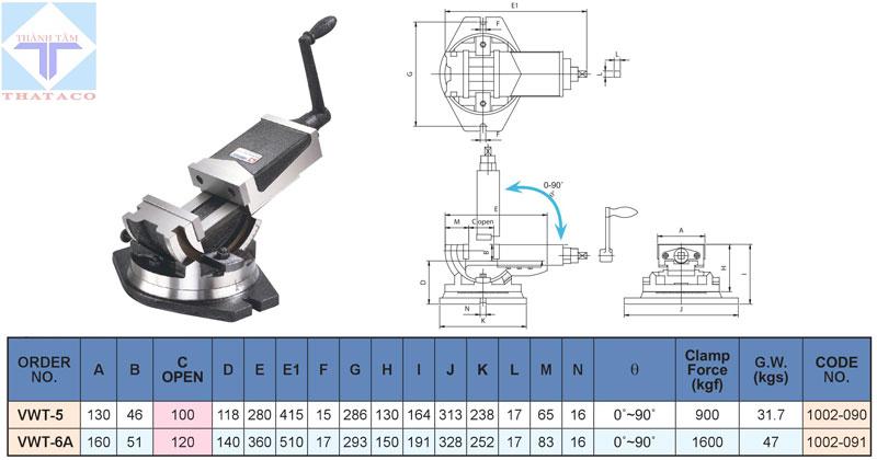 thông số Ê Tô Máy Phay Xoay 2 Chiều VWT