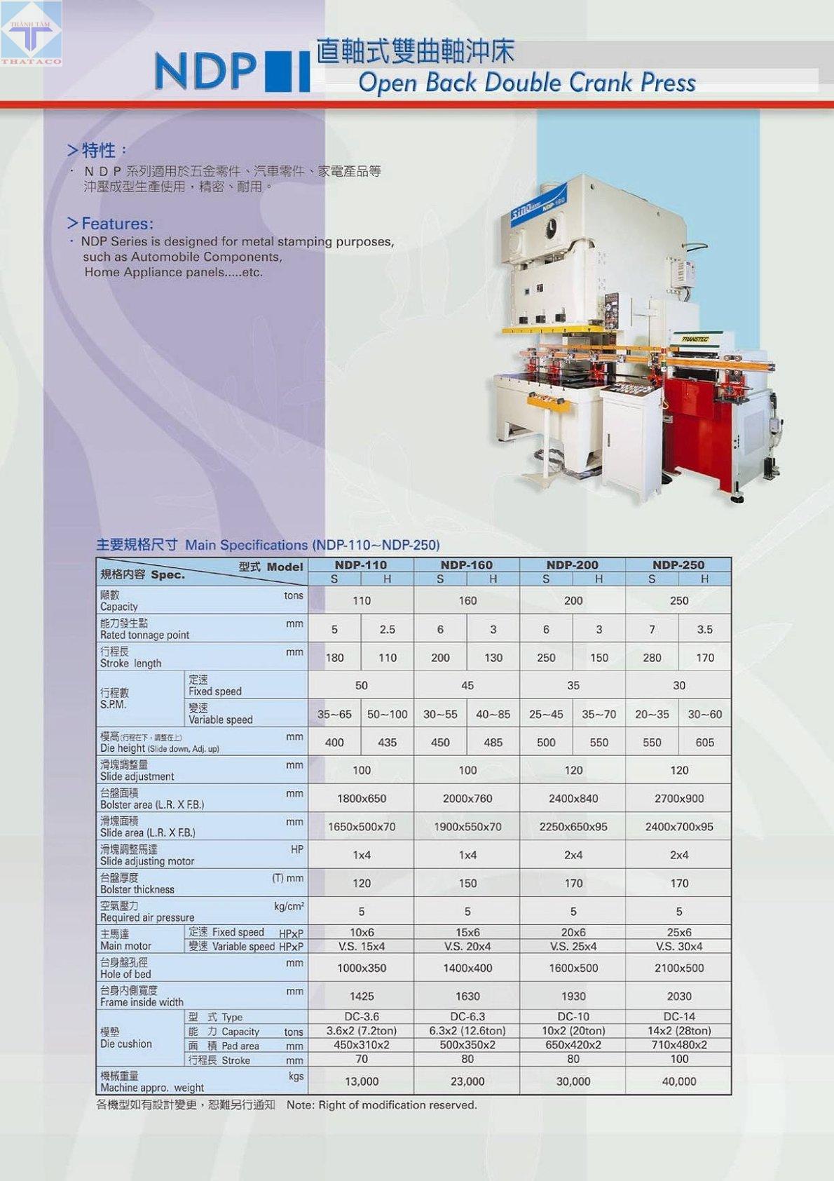 thông số Máy Dập Trục Khuỷu NDP Series