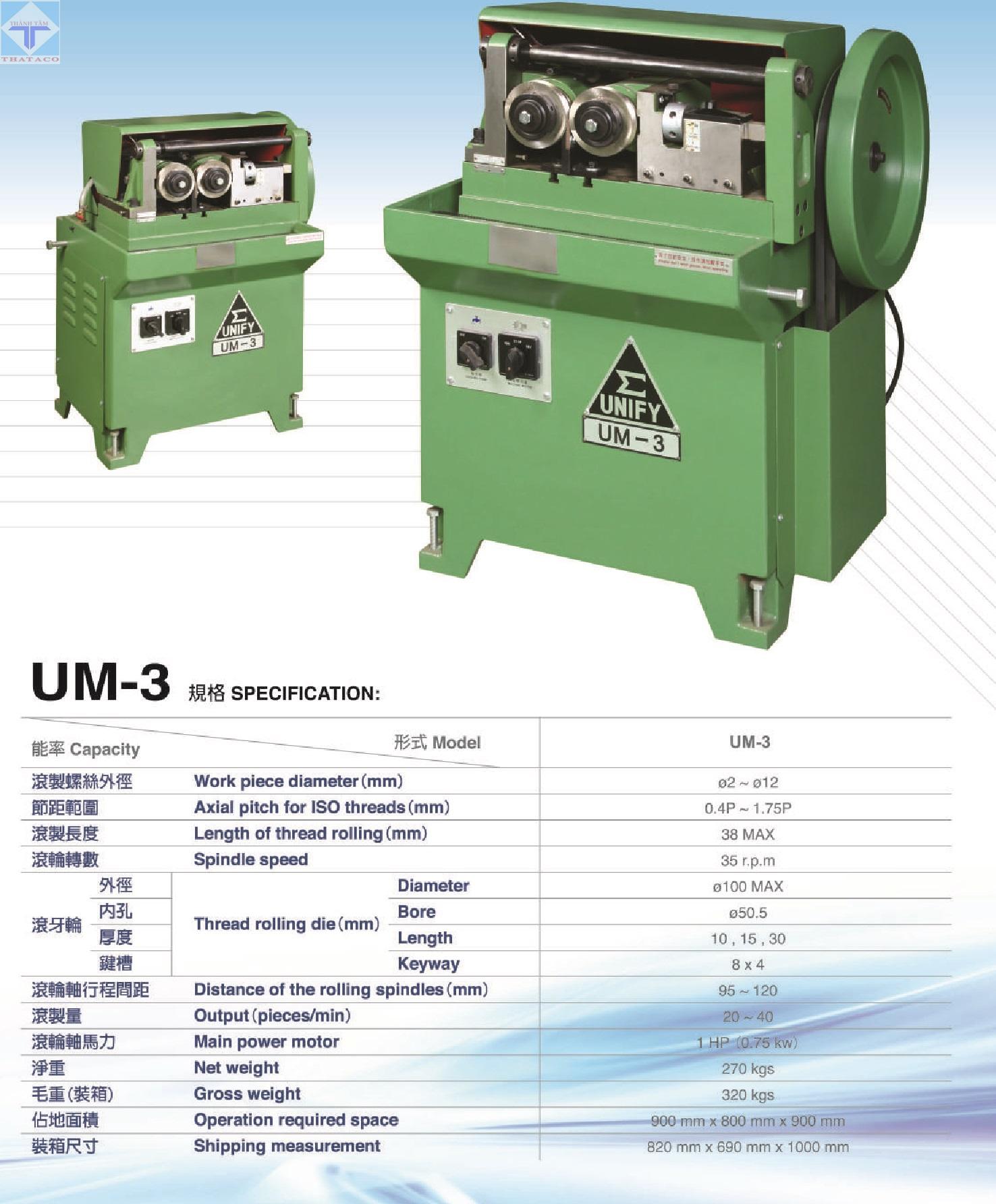 Thông số Máy Cán Ren Unify UM-3