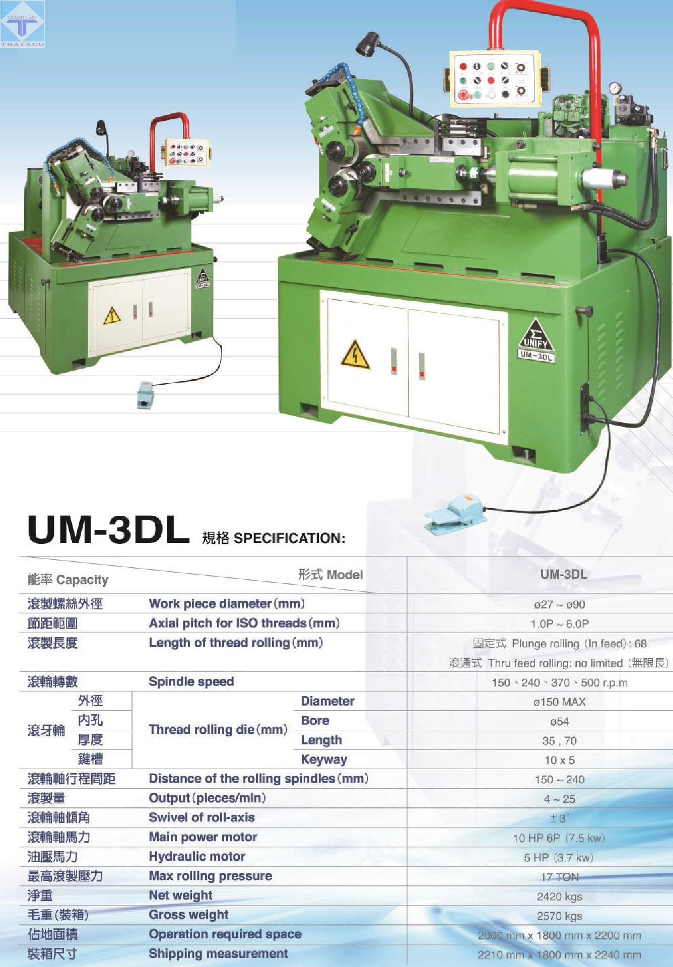 Thông số Máy Cán Ren Unify UM-3DL+