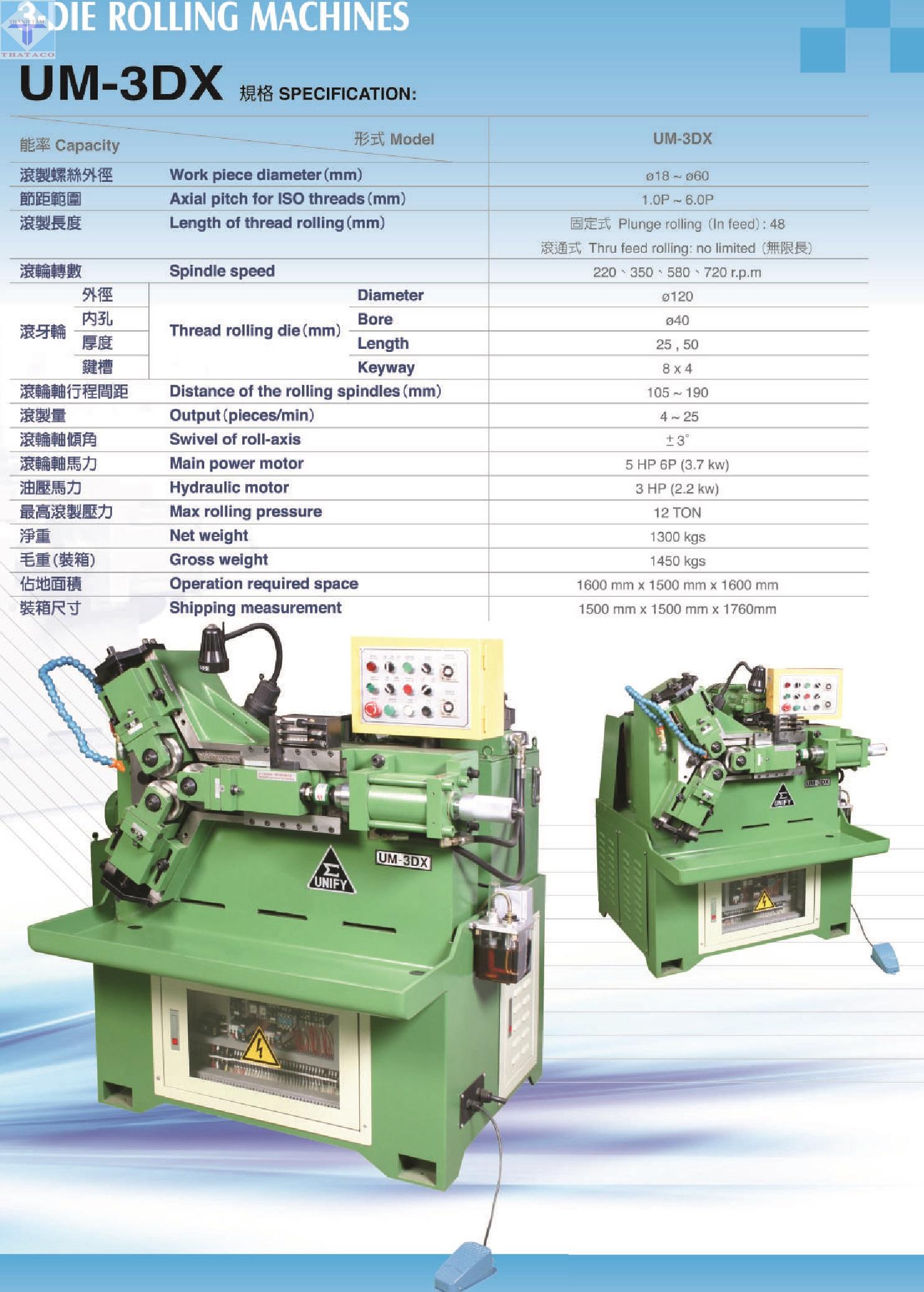 Thông số Máy Cán Ren Unify UM-3DX